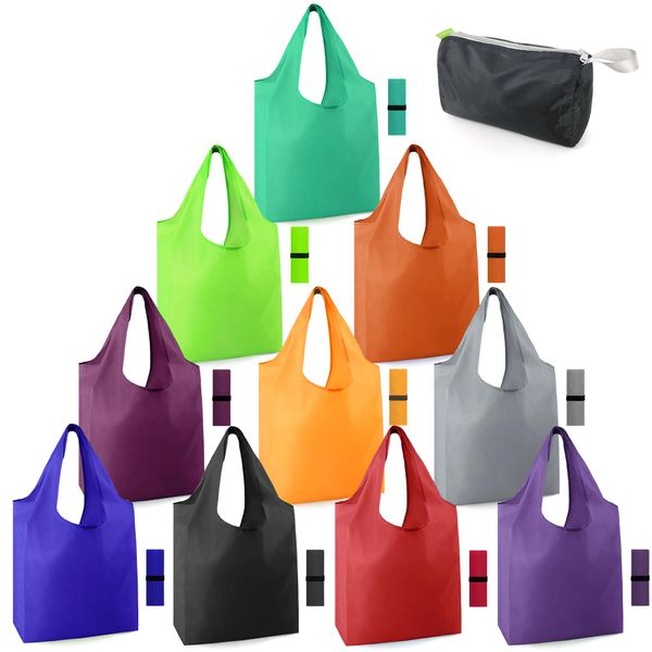 BeeGreen Reusable-Grocery-Bags-Foldable-Machine-Washable-Reusable-Shopping-Bags-Bulk Colorful 10 Pack 50LBS Extra Large Folding Reusable Bags Totes w Zipper Storage Pouch Lightweight Polyester Fabric