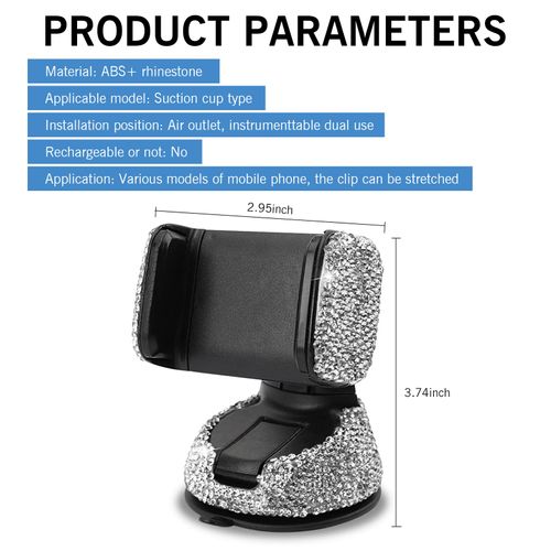 Zeathery Bling Car Mobile Phone Holder, 360 Degree Adjustable Diamond Decorated Navigation Bracket, One-handed Holding Dashboard Air Vents Suction Cup Mounting Bracket, for Cars Trucks Home (White)