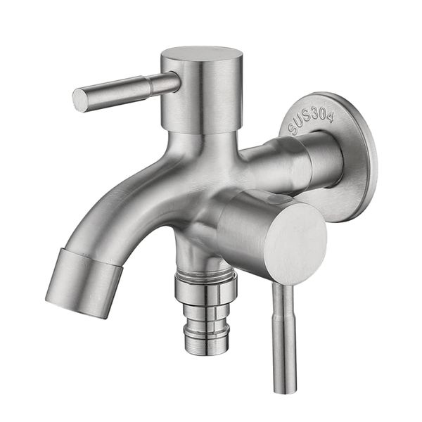 1/2 Zoll Doppel Wasserhahn, Wasserhahn Garten Doppelter Auslauf, Edelstahl Waschmaschine Wasserhahn, 1 in 2 Multifunktionaler Wasserhahn für Garten,Waschmaschine