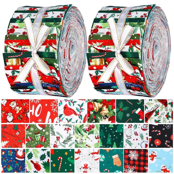 Hosuly 40 Pcs Christmas Fabric Patchwork Roll Quilting Fabric Roll up Fabric Quilting Strips 2.55 Inch Precut Santa Claus Patchwork Roll for Craft Sewing DIY Crafts