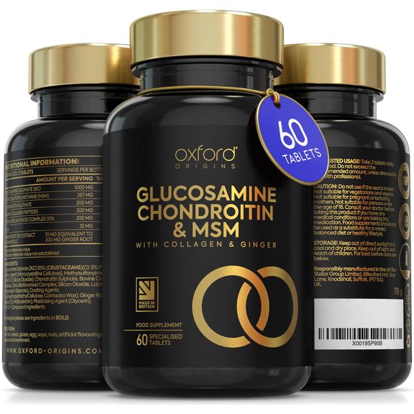 Glucosamine and Chondroitin MSM Tablets High Strength | 60 Glucosamine Sulphate Tablets - with Collagen, Citrus Bioflavonoid and Ginger Root Extract | Glucosamine Tablets Men and Women Made in The UK