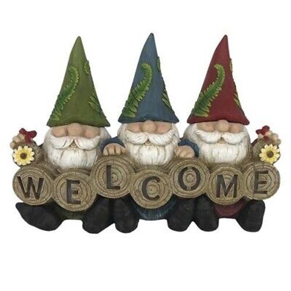 10.6" Resin Welcome Gnome Trio Solar LED Light Lawn Statue Outdoor Garden Decor