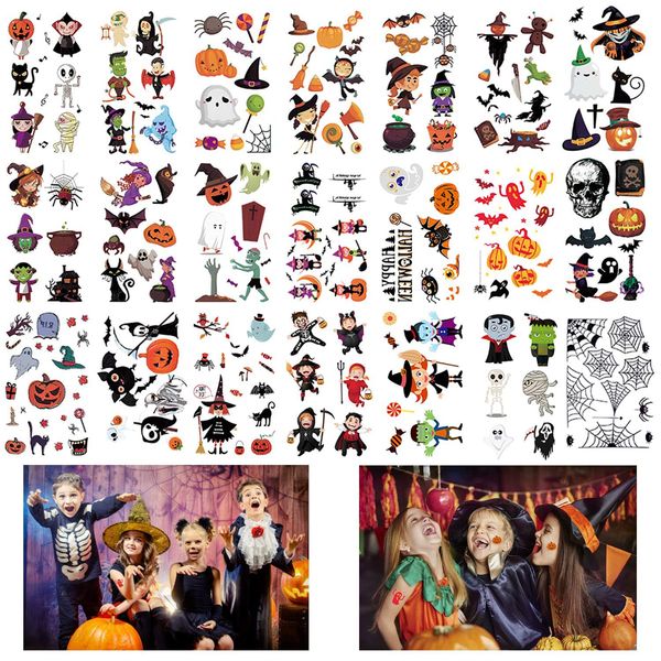 EBANKU 50 Stück Halloween Tattoo Aufkleber Set für Kinder,Kürbis Totenkopf Hexe Schläger Spinne Halloween Weihnachts Party Tattoos Set Temporäre Tattoos Kinder Aufkleber Nail Art Sticker