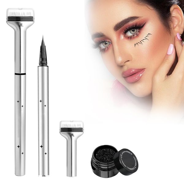 BAISEN DIARY Magic Lower Lash Stamp Eyeliner Set, 2 in 1 Eyeliner and Lower Eyelash Stamp, Lower Lash Stamp with Ink, Reusable Eyelash Stamp tool, Lower Eyelash Stamps Eye Makeup Tool (Black)