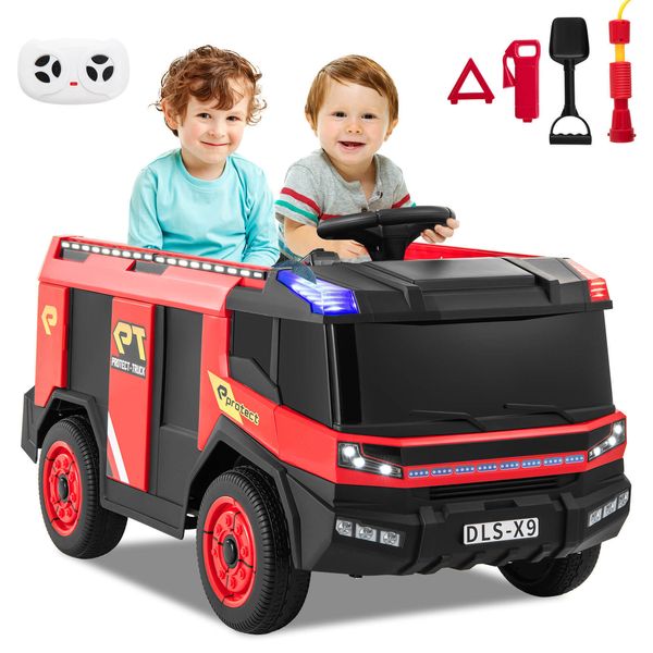 2-Seater Kids Ride on Fire Truck w/Remote Control Water Gun Extinguisher Shovel