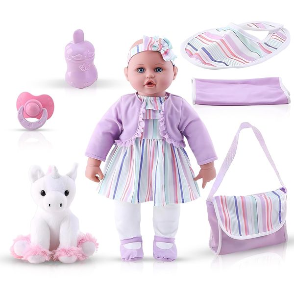 KOOKAMUNGA KIDS 18 Inch Baby Doll Set - Realistic Baby Doll - Baby Dolls for 2 Year Old Girls & Boys and Up - Comes w/ Soft Baby Doll - Toy Baby Bottle - Diaper Bag - Blanket Pacifier & Unicorn Toy