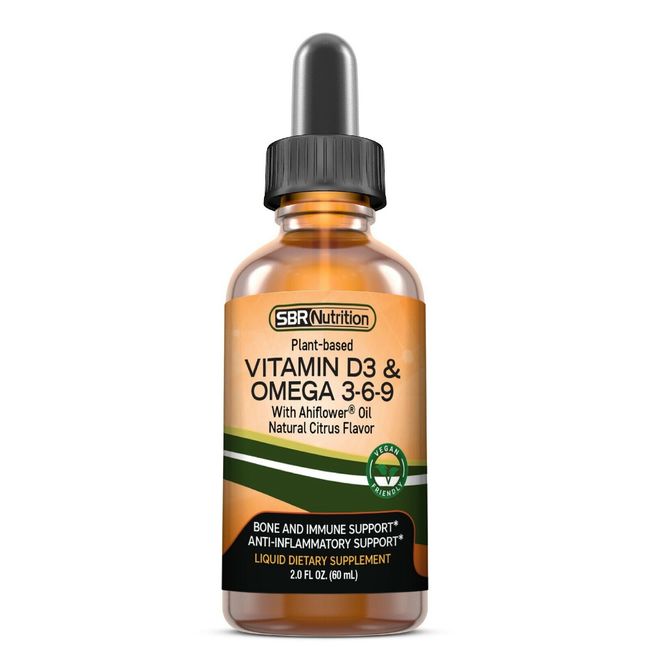 Vegan Vitamin D3 & Omega 3-6-9 Liquid Drops with Ahiflower Oil, Citrus, 2 fl oz