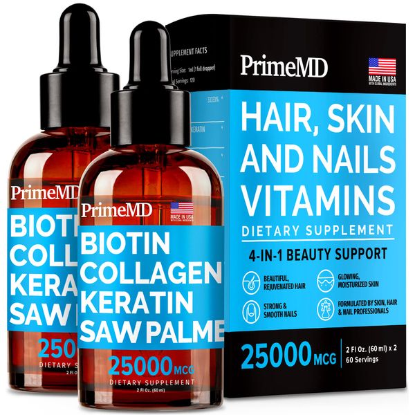 Liquid Collagen Peptides for Women - Complex with Biotin Vitamin, Hydrolyzed Keratin Protein and Saw Palmetto - Comprehensive Formula for Hair, Skin, and Nails Wellness - 2fl oz (Pack of 2)