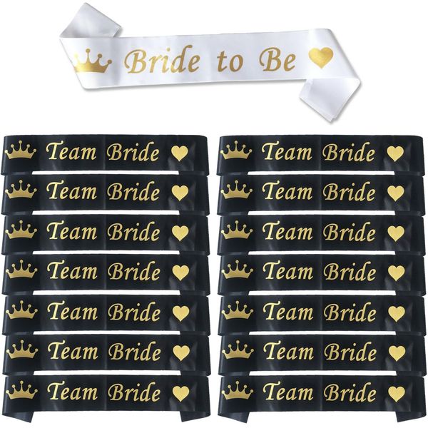 Blue Planet Fancy Dress 15pcs Hen Party Sash (14 Team Bride & 1 Bride to Be Sash) Black and Gold Satin Sash Text for Women and Girls Bachelorette Parties Bridal Party Favours Wedding Accessories