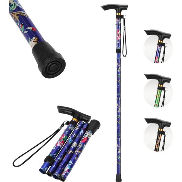 NCS35® Adjustable Folding Walking Stick for Women & Men Lightweight Collapsible Mobility Aid with Pivot Tip, Comfortable Grip, and Anti-Slip Design Ideal for Travel (Blue Floral)