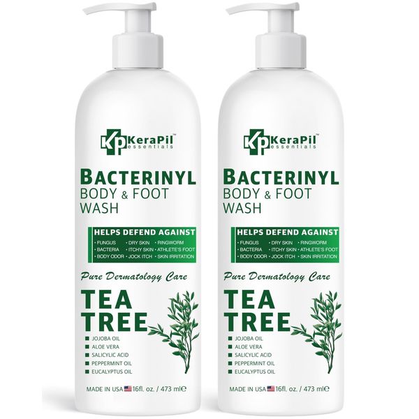 KERAPIL Bacterinyl Tea Tree Body Wash, Often Chosen as an Antifungal Body Wash, Helps with Body Odor, Ringworm, Athlete's Foot, Nail Health, Acne, Feet & Healthy Skin, Made in USA (16 fl oz each)