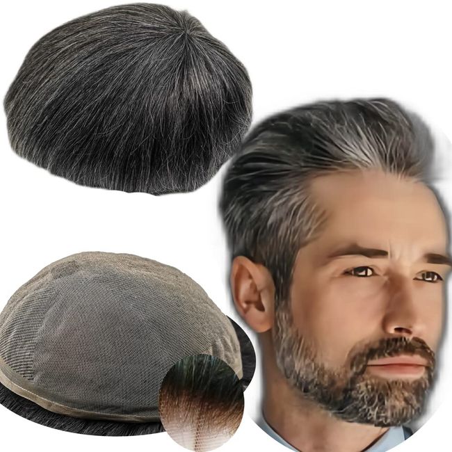 Echthaar Toupet für Männer,Yanahair Glattes Haar dünne französische Spitze Gebleicht Knoten natürlichen Haaransatz Perücken Haarsystem Europäische Echthaar Perücke Mann(10x8",#1B40 schwarz und grau)