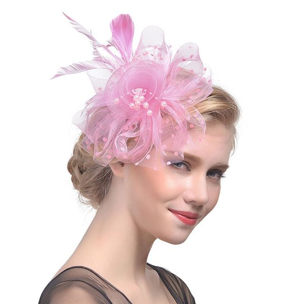 YJZQ Women Elegant Fascinator Hat Flower Feather Mesh Net Veil Headband Bridal Feather Hair Clip Accessories Pillbox Cocktail Royal Ascot Tea Party Church Derby Hat (Pink#D)