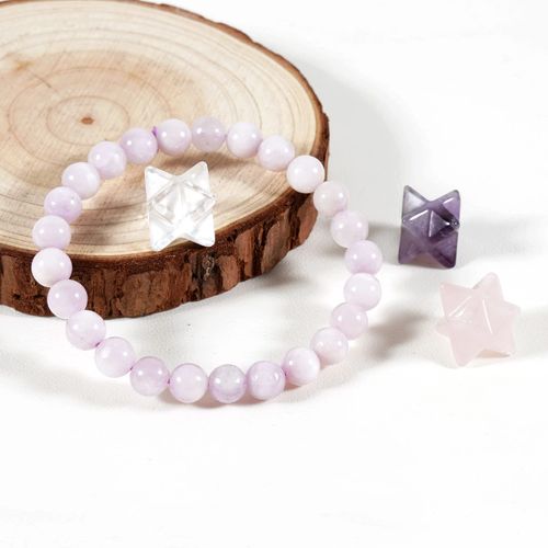 Healing Crystal Natural Mercaba Hexagram Star Amethyst Rose Quartz Crystal White Crystal Ornament Purple Spodumene Stone Beads Bracelet for Beginner Reiki Meditation