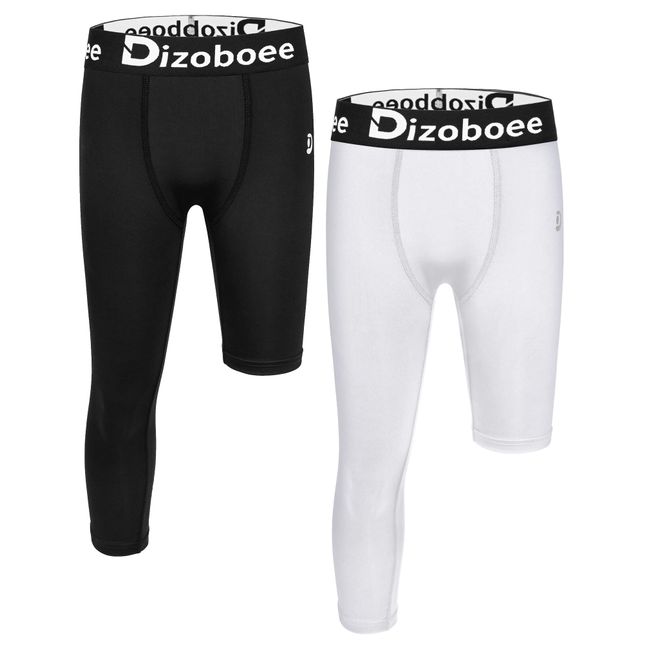 Dizoboee Youth Boys Compression Pants One Leg Short Leggings for Sports Kids Basketball Tights 2 Pack, White+Black (Left Short) M