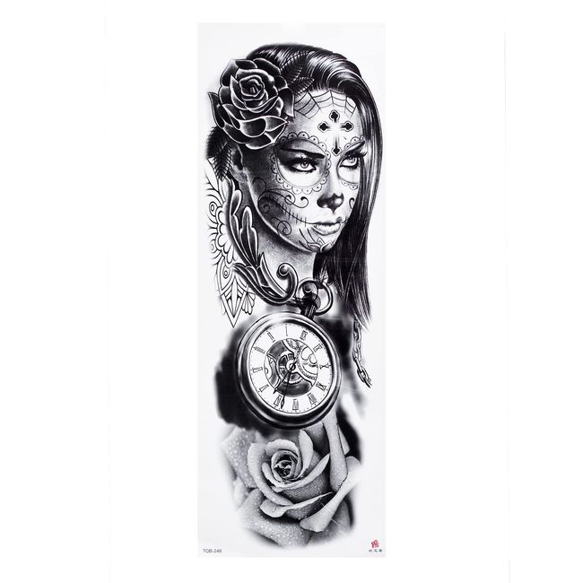 1 x XXL Tattoo - La Catrina, Uhr, Rose - Temporäres Körper Tattoo - TQB246 (1)