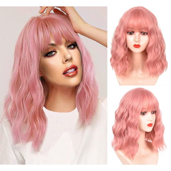 SHDanrtse 14Inch pink wig Wavy Wig With Air Bangs for Women Short Bob Pink Wigs Natural Curly Wavy Shoulder Length pink synthetic wig cosplay Halloween wig（pink wig）