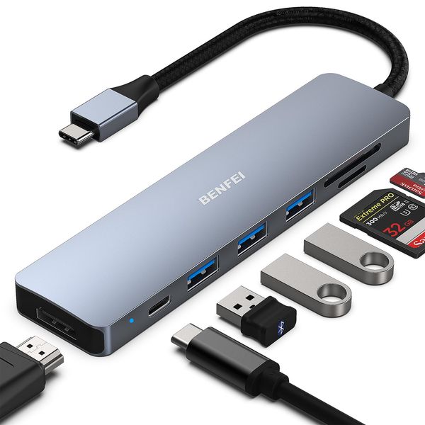 BENFEI USB C HUB 7in1,USB-C HUB Multiport Adapter mit HDMI(4K@60Hz Zertifiziert)/100W Power Delivery/3*USB 3.0 5Gbps/SD/TF Card Reader(160MB/s) für iPhone 15 Pro/Max MacBook iPad Pro iMac S23 XPS17