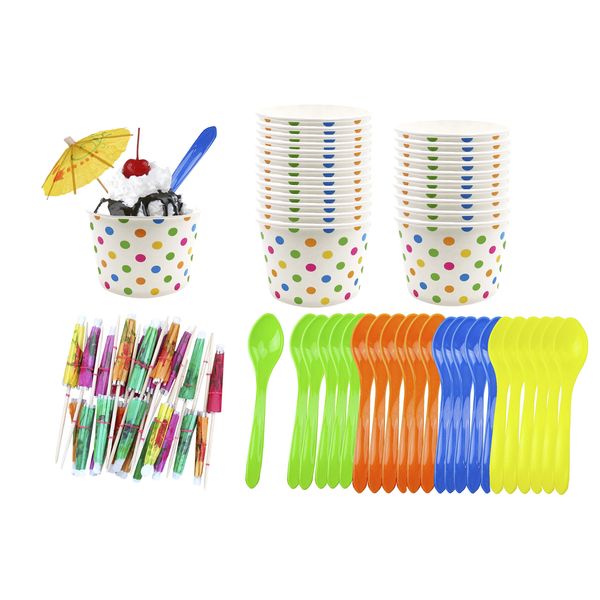 8 Ounce Polka Dot Paper Ice Cream Cups - Plastic Spoons - Paper Umbrellas - Blue Orange Yellow Green - Ice Cream Sunddae Kit for 24