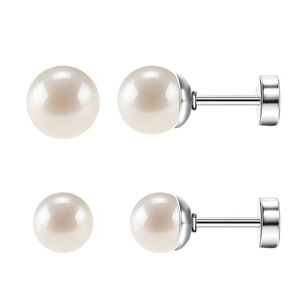 SmileBelle Titanium Flat Back Pearl Stud Earrings for Women, Mothers Day Earrings 2pairs Screw Back Earrings for Girls Hypoallergenic Cartilage Silver Stud Nap Sleep Helix Piercing Jewelry（4+6mm)