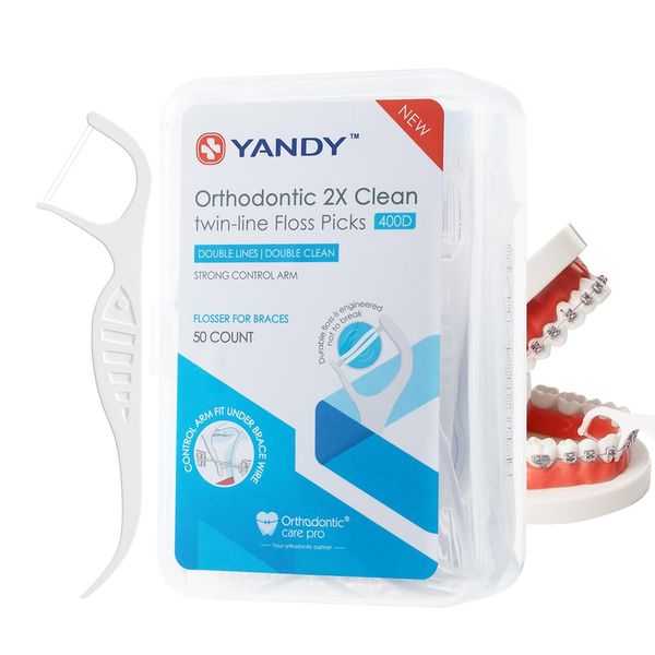 YANDY Orthodontic Flossing Sticks Designed for Braces - Ortho Dental Floss Picks,Twin-Line,Unflavored,50 Count(Pack of 1)
