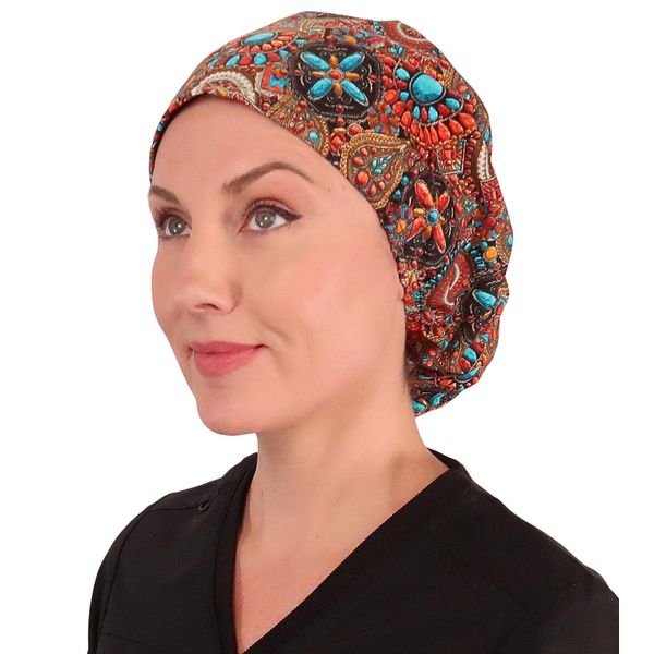 Sparkling EARTH Indian Jewelry Coral Riley Medical Scrub Caps with Flat Front and Roomy Back - Adjustable Cord Lock Closure - Made in USA!