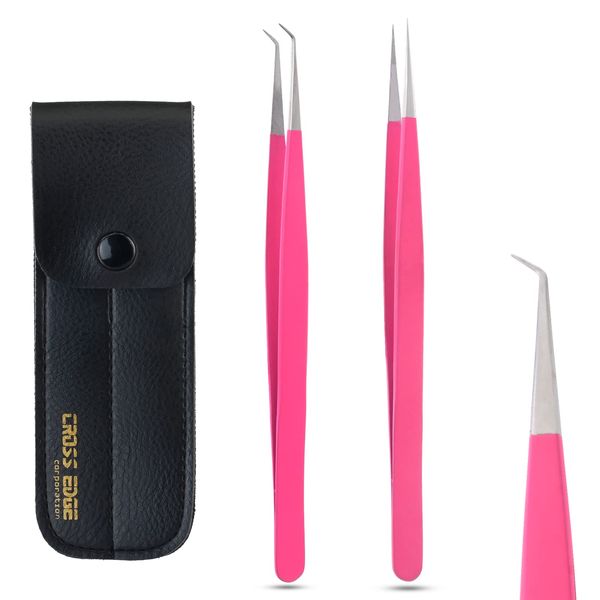 My Lash Tools Eyelash Tweezers for Extensions Pro Lash Tweezers for Volume, Isolation & Classic False Lashes Stainless Steel Straight and Curved Tips Tweezers Set (Matte Pink)