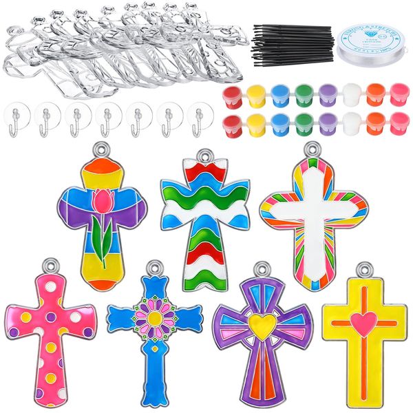 Poen 28 Sets Religious Cross Suncatchers Kits for Kids Window Paint Art Suncatchers Crafts Ornaments Decor Sunday School VBS Cross Craft Kits for Easter Holiday Activities Home Party Favors