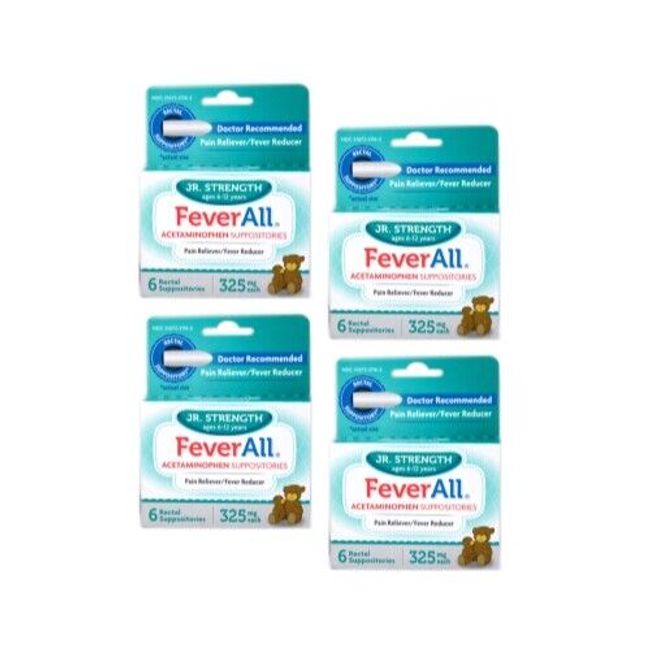 4 Pack Feverall Acetaminophen Suppositories JR Strength 325mg 6 Count Each