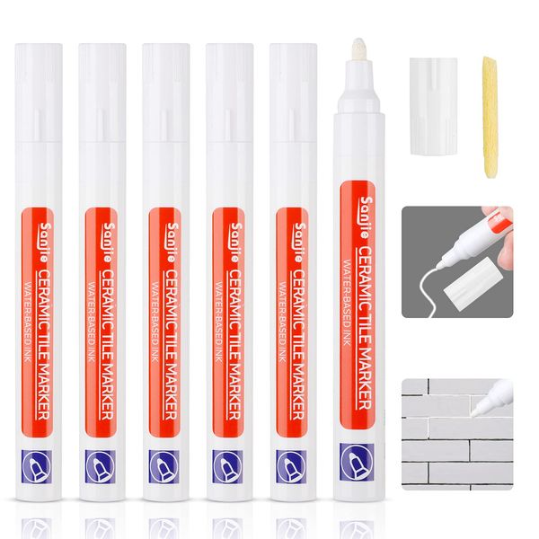 DONQL 6Pcs Tile Pen White Grout Pen for Tiles Bathroom with Replacement Nib Tips Anti-Grout White Tile Pen Marker for Restoring Tile Grout Wall Floor Bathroom Kitchen and Floor Tiles (White)