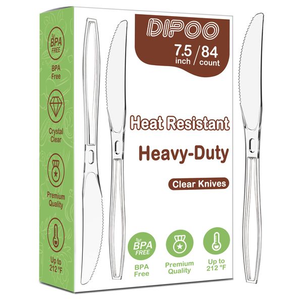 Dipoo 7.5'' Clear Plastic Knives Heavy Duty Upgraded Heat Resistant & BPA Free, Solid and Durable Plastic Cutlery, Premium Disposable Knives, for Party Supply(84 Count)