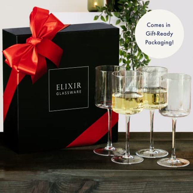 Elixir Glassware Square Wine Glasses Set of 4 - Crystal Wine Glasses 14oz  in Gift Packaging - Large Red Wine Glass on Long Stem - Unique Modern S