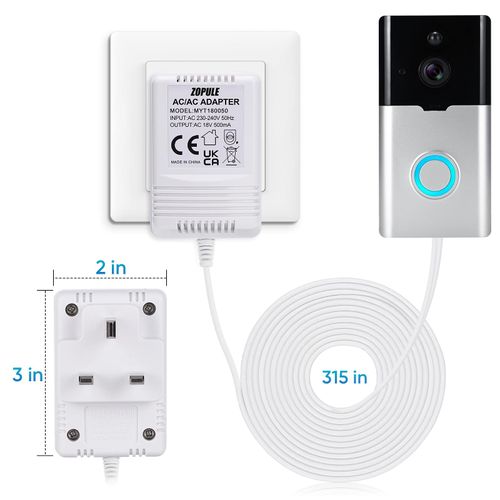 18V 500mA Doorbell Transformer, Video Doorbell Power Adapter for All Versions of Ring Doorbell, Nest Hello and Arlo Video Doorbell,Power Supply with 8M (315") Long Cable
