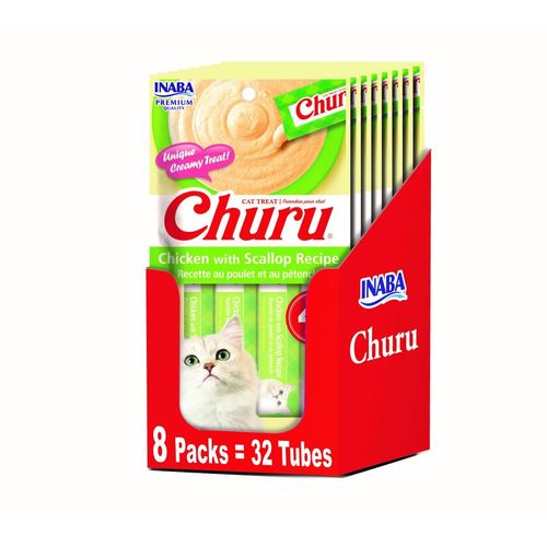 INABA Churu Lickable Purée Natural Cat Treats - Chicken with Scallop Recipe (4 Servings per Package, 8 Packages) (32 Tubes)