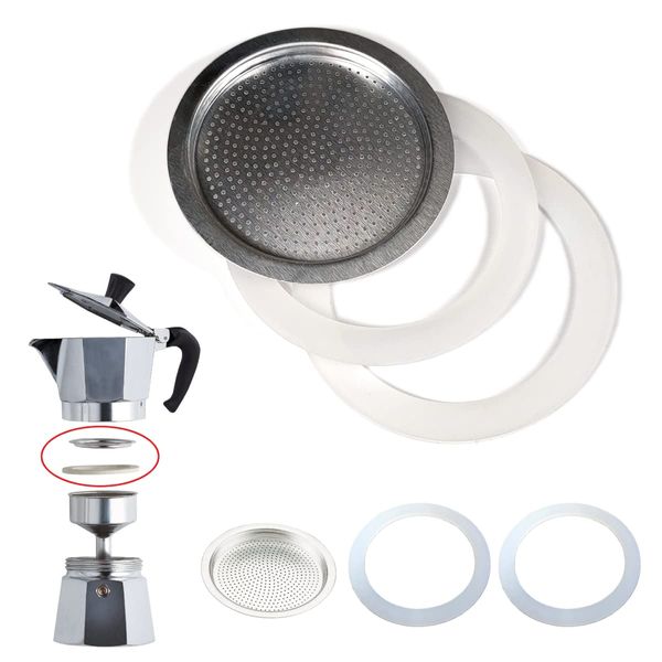 Universal Coffee Maker Gasket and Filter for Moka Spare Parts (2x Silicone Seal Ring + 1x Steel Filter) (2 Cups)