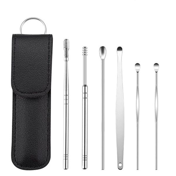 Ear Wax Remover Kit - 6 Pcs Premium Stainless Steel Ear Wax Removal Kit Ear Curette Ear Cleaner Tools for Children and Adults Earwax Removal Kit Cleaning Kit with Portable Bag (Black)