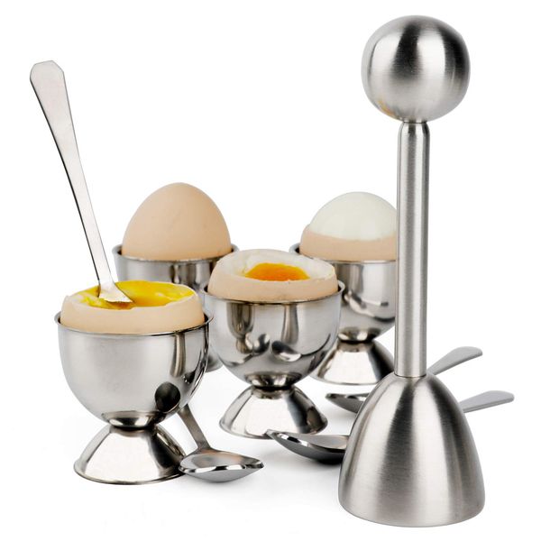 Egg Cracker Topper Set Soft Hard Boiled Eggs Separator Holder Include 4 Egg Spoons and 4 Egg Cups 1 Shells Remover Top Cutter Stainless Steel for Breakfast Kitchen Tool