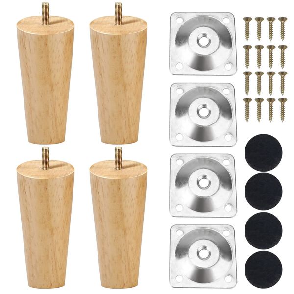 Errum 4 Pcs 8cm Wooden Furniture Legs, Replacement Solid Beech Wooden Sofa Legs Couch Legs Table Legs Dresser Legs with Screws Mounting Plate and Anti-Slip Protector (8cm)