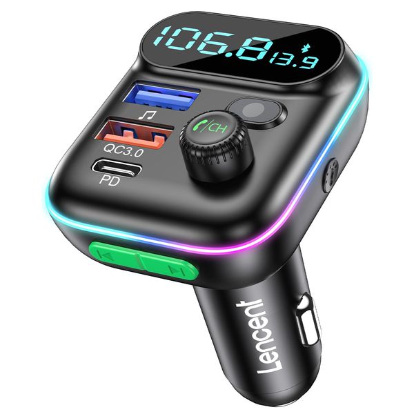 LENCENT FM Transmitter in-Car Adapter, Wireless Bluetooth 5.0 Radio Car Kit,Type-C PD + QC3.0 Fast USB Charger, Hands Free Calling, Mp3 Player Receiver Hi Fi Bass Support U Disk