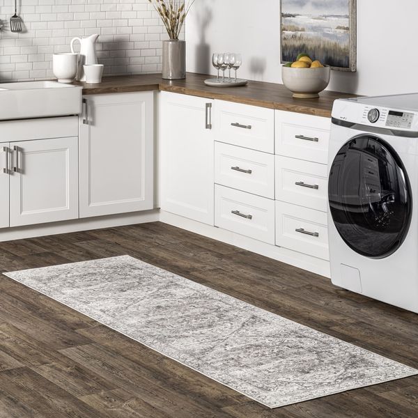 2x6 Machine Washable Rain Haven Vintage Medallion Area Rug Grey Traditional F...