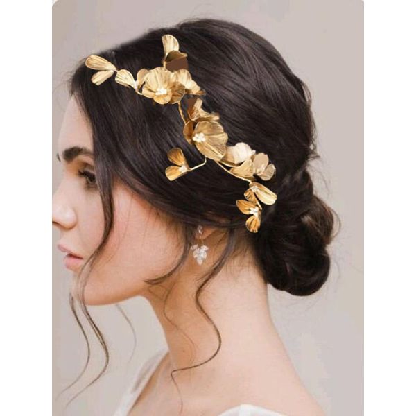 Catery Flower Bride Headband Gold Petal Hair Vine Pearl Bridal Headpiece Floral Golden Leaf Hair Piece Wedding Hair Accessories for Women and Girls