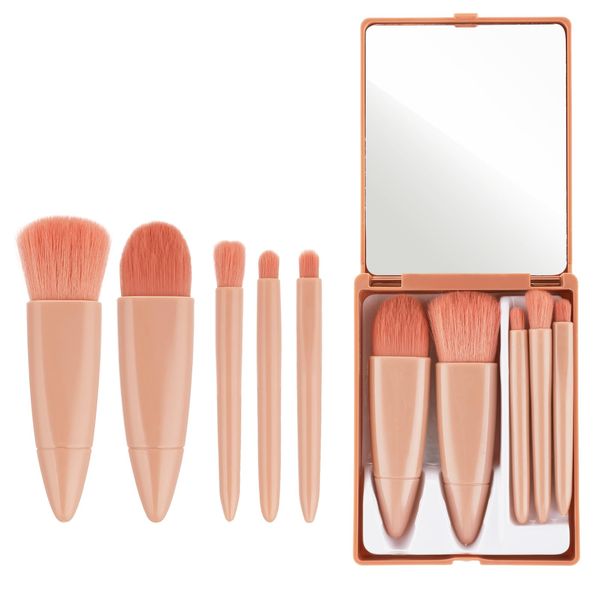 5 PCS Mini Travel Size Makeup Brushes with Mirror, Travel Make up Brushes Set, Compact Makeup Brush Travel Case Subtle Beauty Stackable Makeup