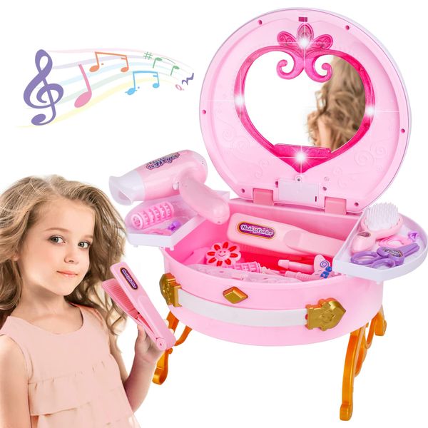 Portable Princess Vanity with Real Mirror, Toddler Makeup Vanity & Styling Tools, Lights and Sounds, Girls Toys Gifts for 3-12 Year Old Kids Birthday Gift