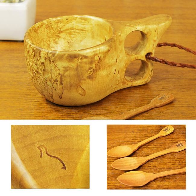 Nordic Finland Wood Real Kuksa Wood Jewel Visa Cove Curly Birch Cliff Instruction Manual Box Packaging with Wooden Vintage Spoon