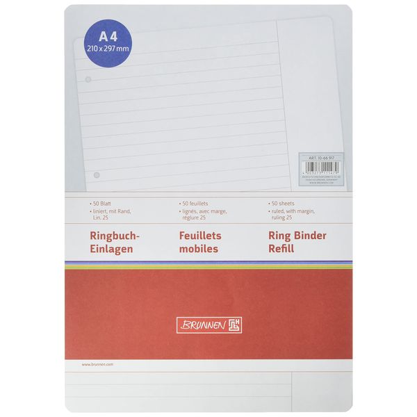 BRUNNEN A4 Ring Binder Loose Leaf Refill Pad 25 Lines per Page with Margin 50 Sheets 70 g/m² 1066917