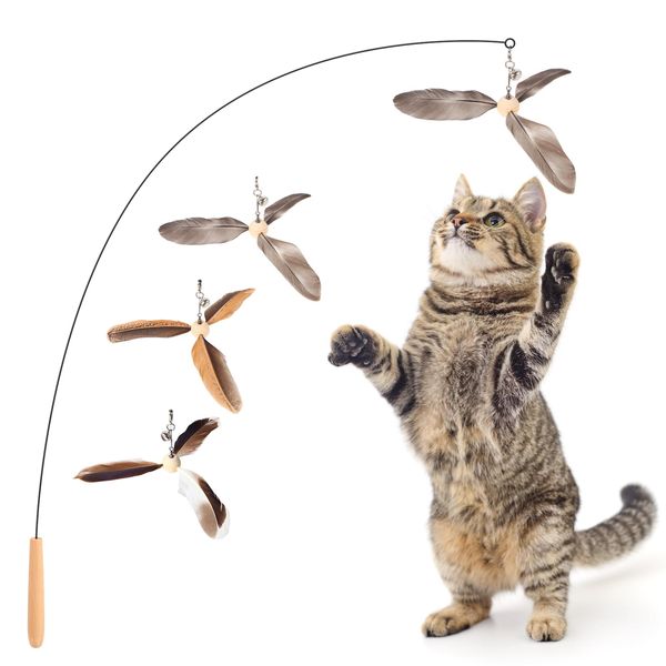 Homelwsun Cat Wand Toys, Interactive Cat Toys, 3 Nature Feather Refills, 35” Flexible Steel Wire, Sturdy Wood Handle and Bell, Cat Teaser Cat String Toy for Indoor Cats Kitten to Play Chase Exercise