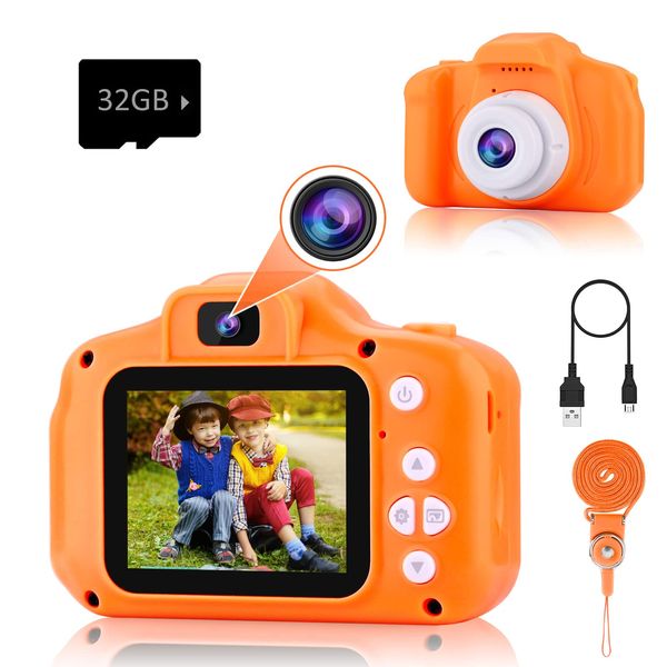 PROGRACE Kids Camera for Boys Girls - Dual Selfie Mini Children Camera Age 3 4 5 6 7 8 9 Year Old Kids Camcorder Christmas Birthday Gift for Girls Boys Toy Camera for Kids Video Camera Recorder Orange