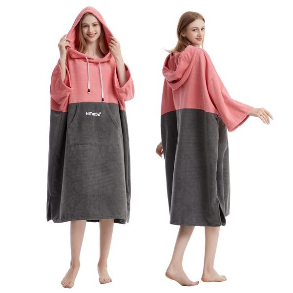 Hiturbo Surf Towel Poncho Changing Aid – Men's and Women's Changing Robe Bath Poncho Changing Aid Surfing Beach Pink/Grey
