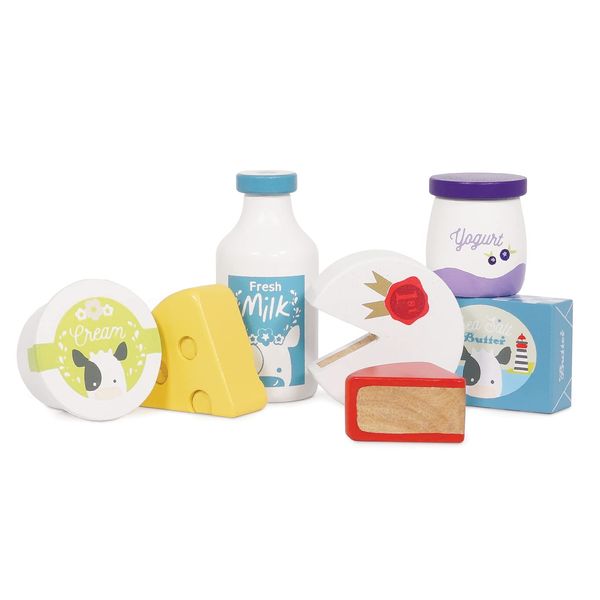 Le Toy Van Wooden Eggs & Dairy Toy Crate with Pretend Milk and Cheese Role Play Food Shopping