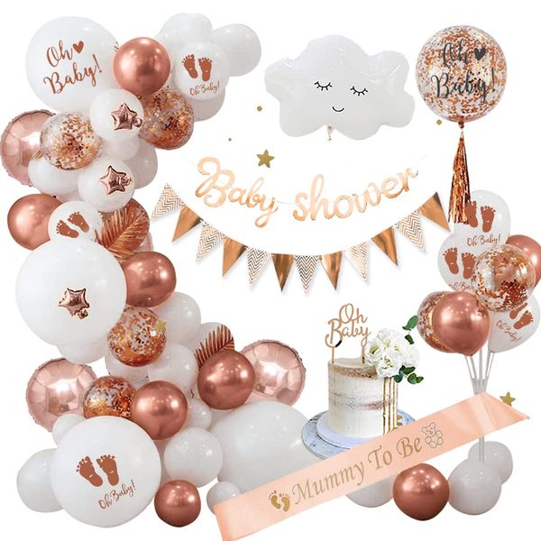 Baby Shower Decorations Girls, Rose Gold Baby Shower Decorations Neutral Baby Shower Balloons Set, Mummy to be Sash Baby Shower Banner Cake Topper Cloud Balloons for Gender Reveal Decorations